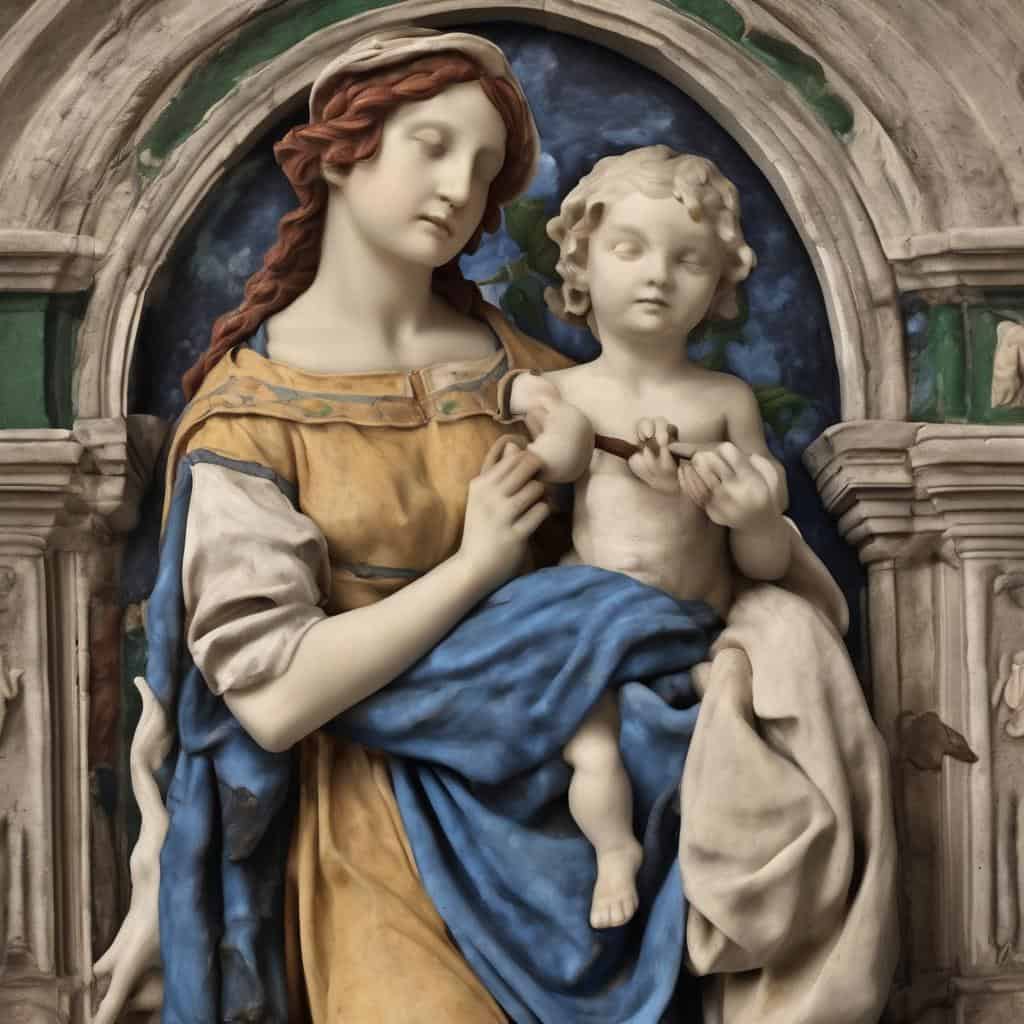 Κυρία και παιδί σε κλασική διακόσμηση αγιογραφίας, σύγχρονη τέχνη, δημιουργία και ανατροπή στην τέχνη.