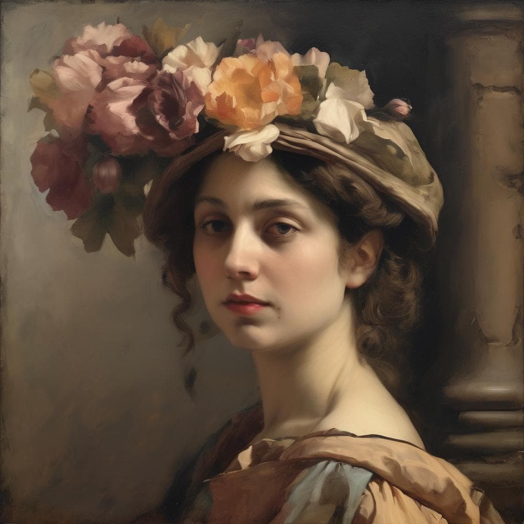 Ανδριανή πορτρέτο με καπέλο από λουλούδια, σύγχρονη τέχνη, ζωγραφική σε ρεαλιστικό στυλ.