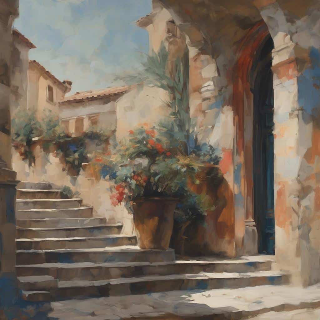 Λευκός πίνακας δρόμου με βουκαμβίλιες και πέτρινα σκαλοπάτια, σύγχρονη τέχνη, ελαιογραφία.