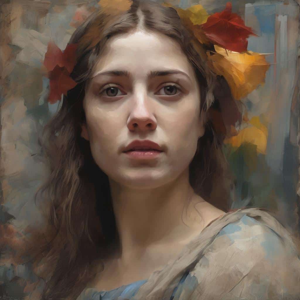 Αλλακτικό κείμενο: Νεαρή γυναίκα με φθινοπωλικά φύλλα στα μαλλιά, σύγχρονη τέχνη και δημιουργία.
